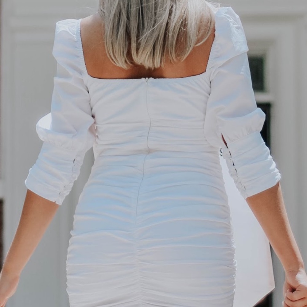 White Ruched Dress with Puffy 3/4 Length Sleeves
